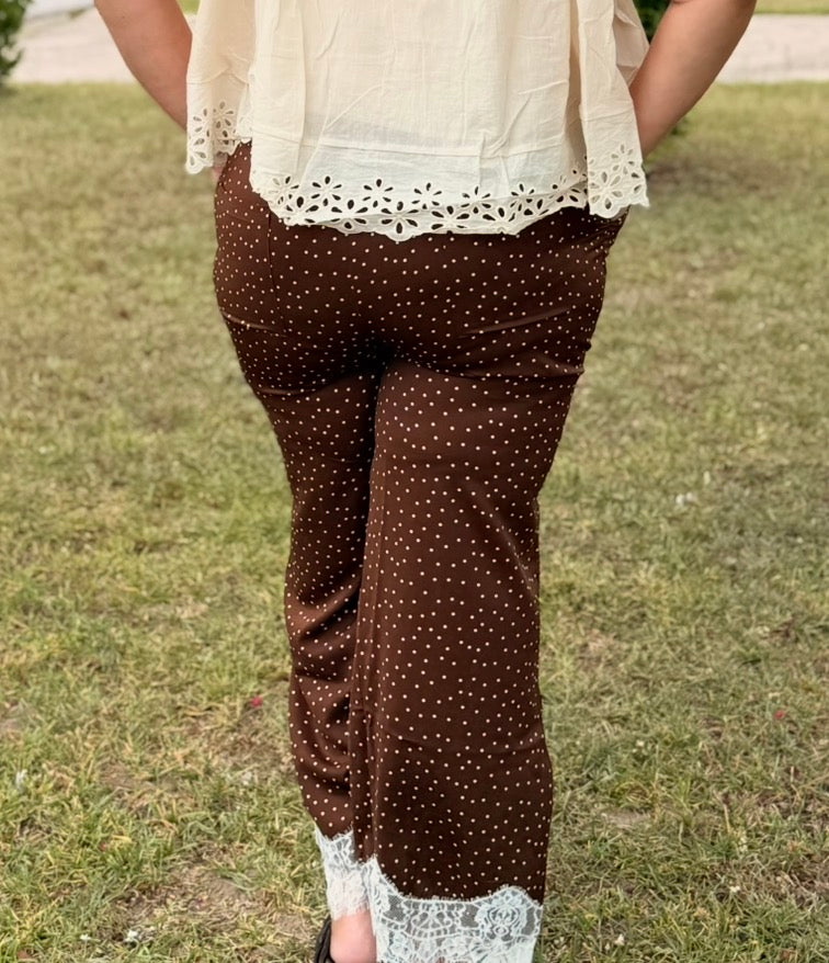 Satin Polka Dot Wide Leg Pull On Pants w/ Lace