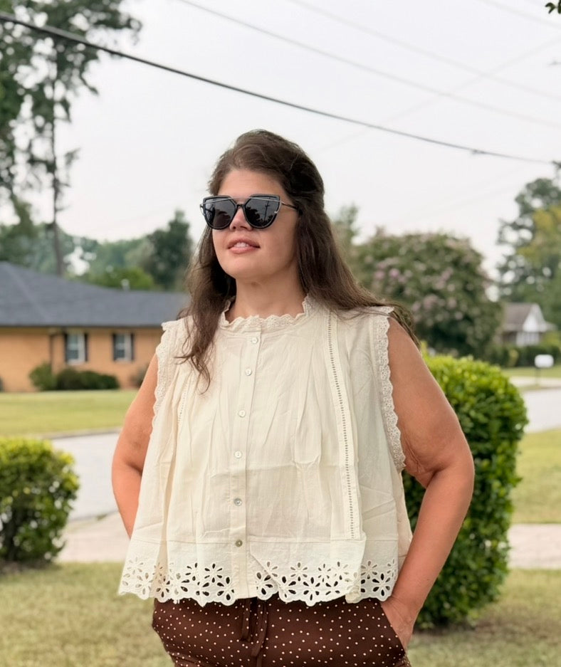 Button Up Front Pleated Sleeveless Blouse Top