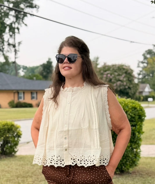 Button Up Front Pleated Sleeveless Blouse Top