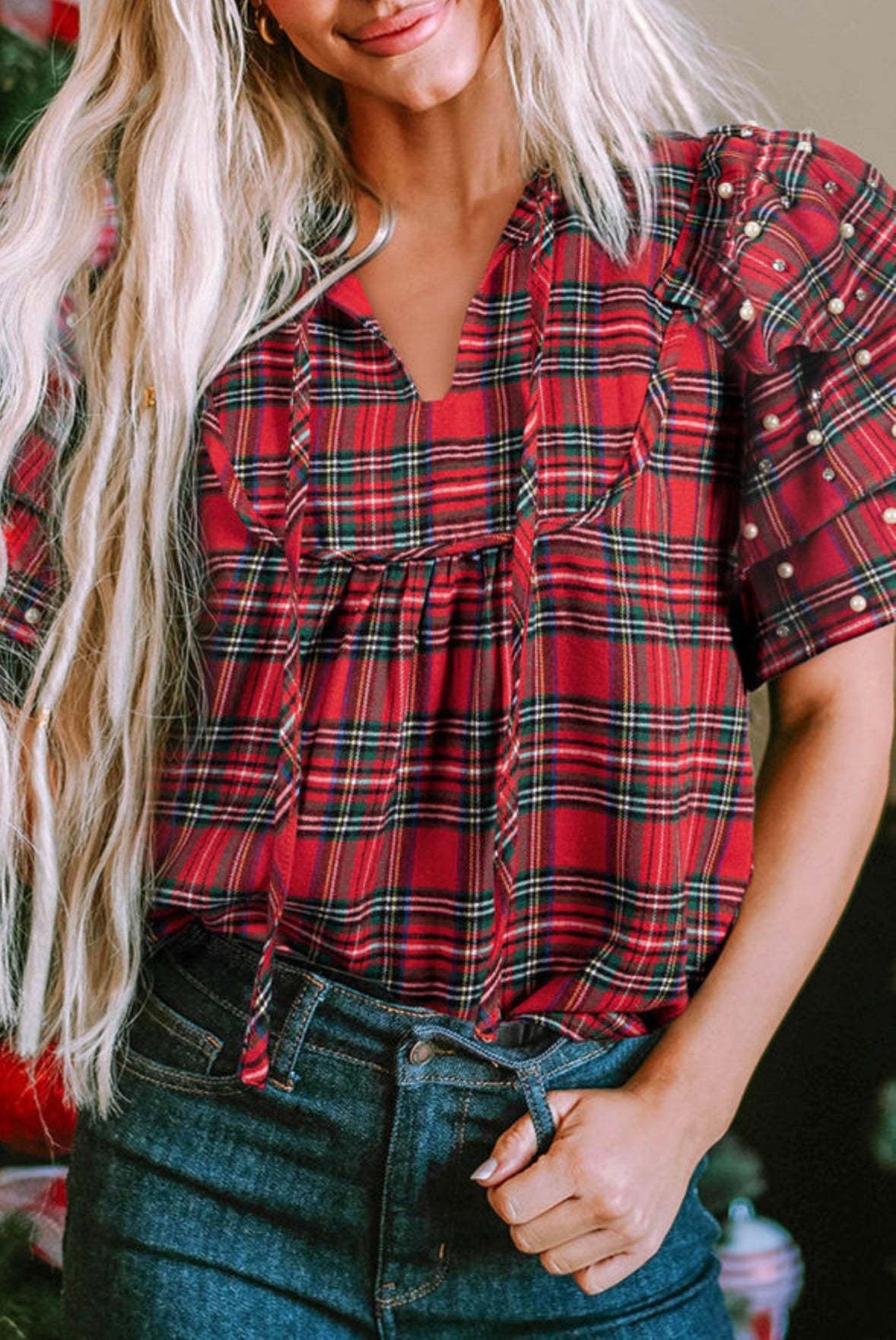 Plaid Pearl Embellished Ruffle Short Sleeve Blouse