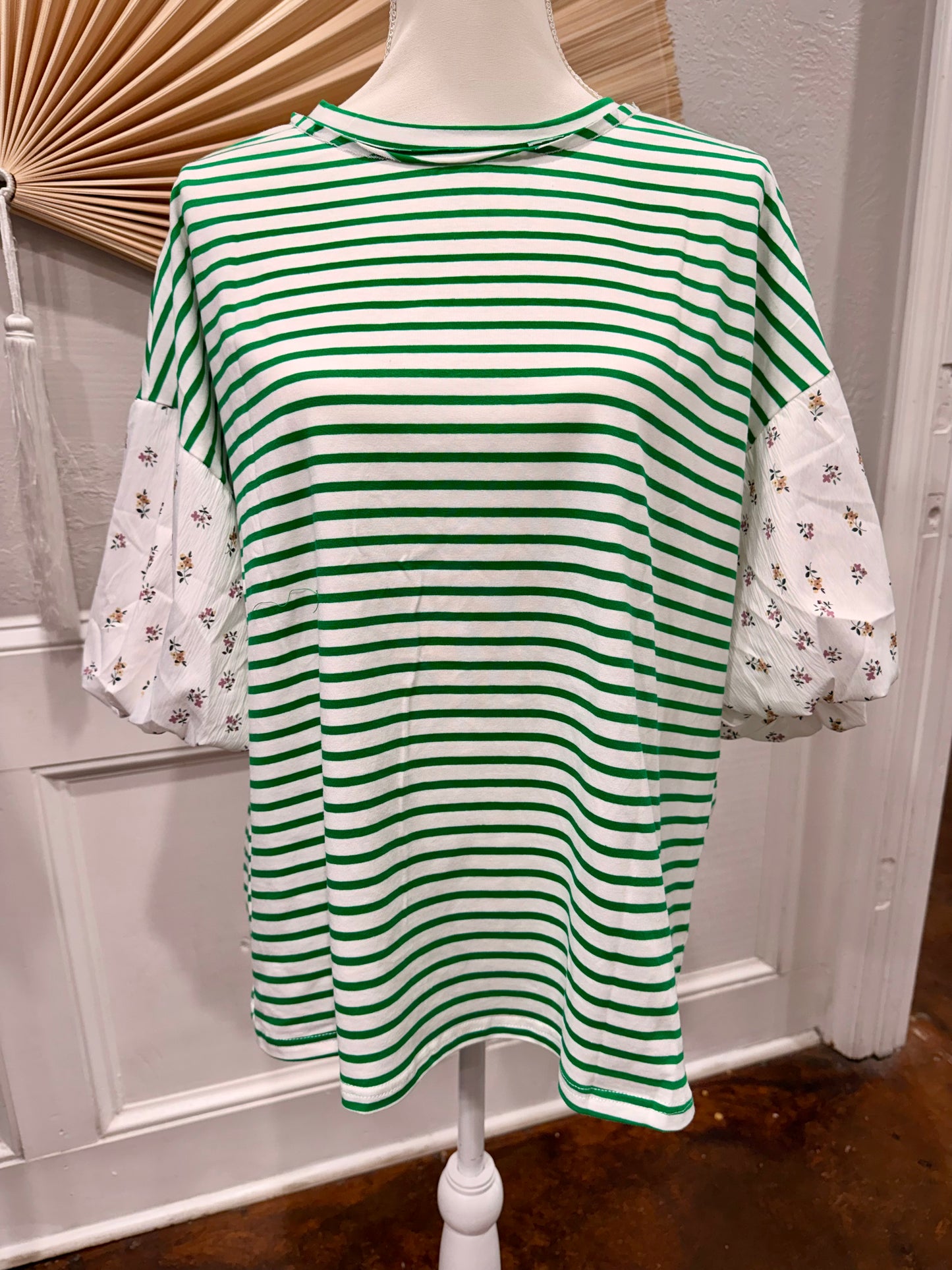 Stripe Floral Print Puff Sleeve Patchwork Loose Top