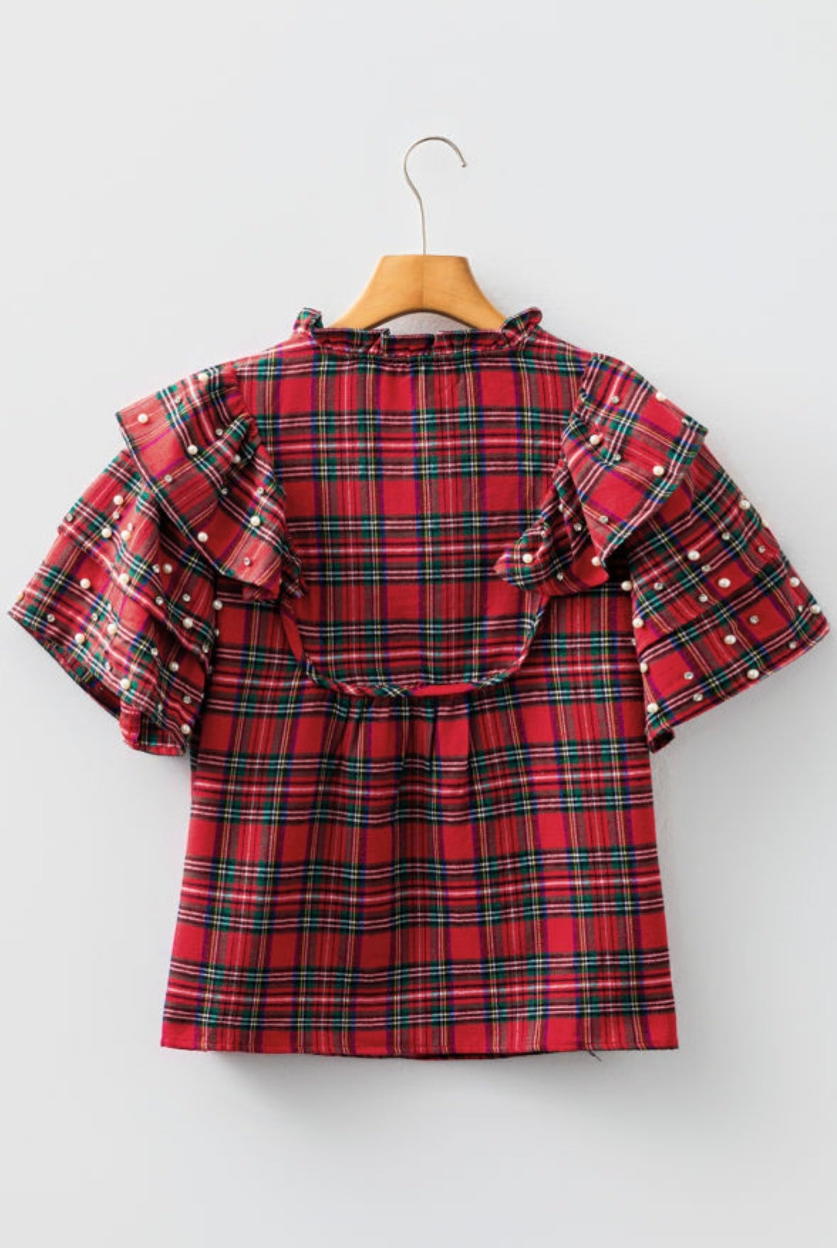 Plaid Pearl Embellished Ruffle Short Sleeve Blouse