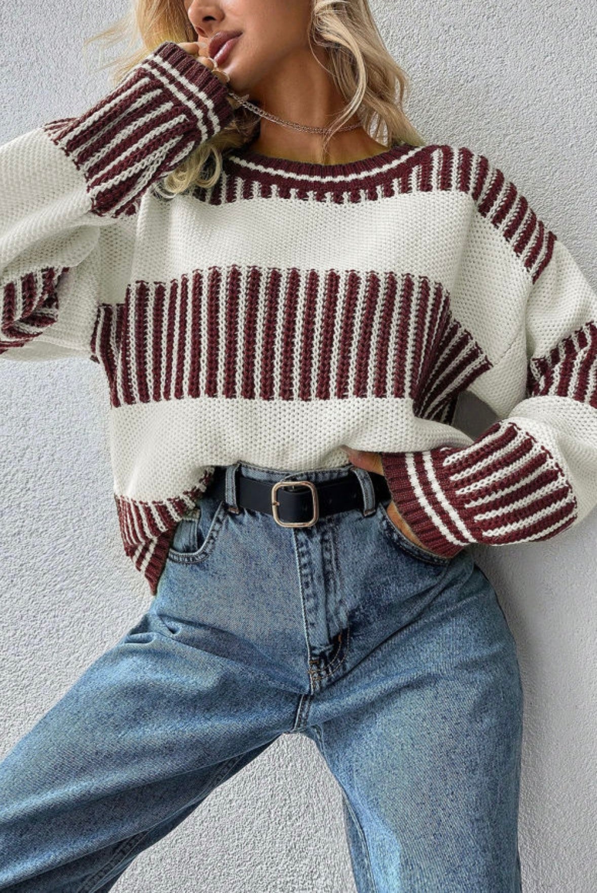 Two Tone Striped Patchwork Drop Shoulder Loose Sweater