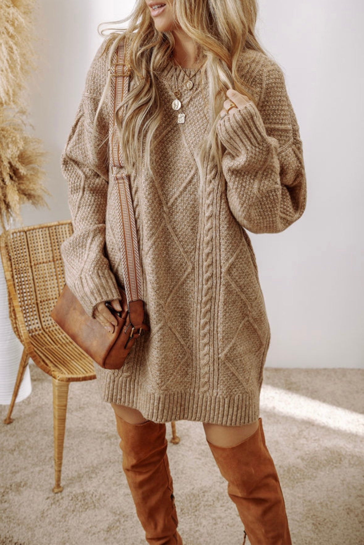 Cable Knit Drop Shoulder Sweater Dress