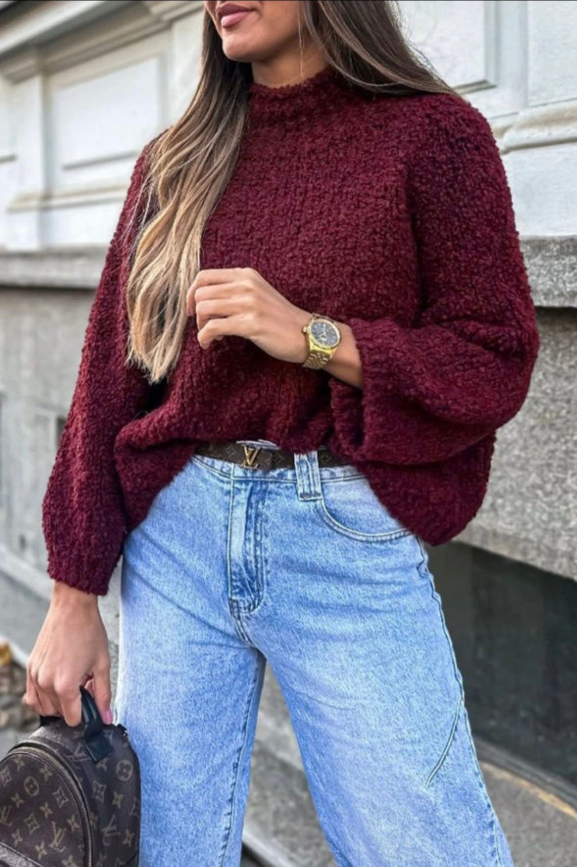 Popcorn Mock Neck Solid Sweater