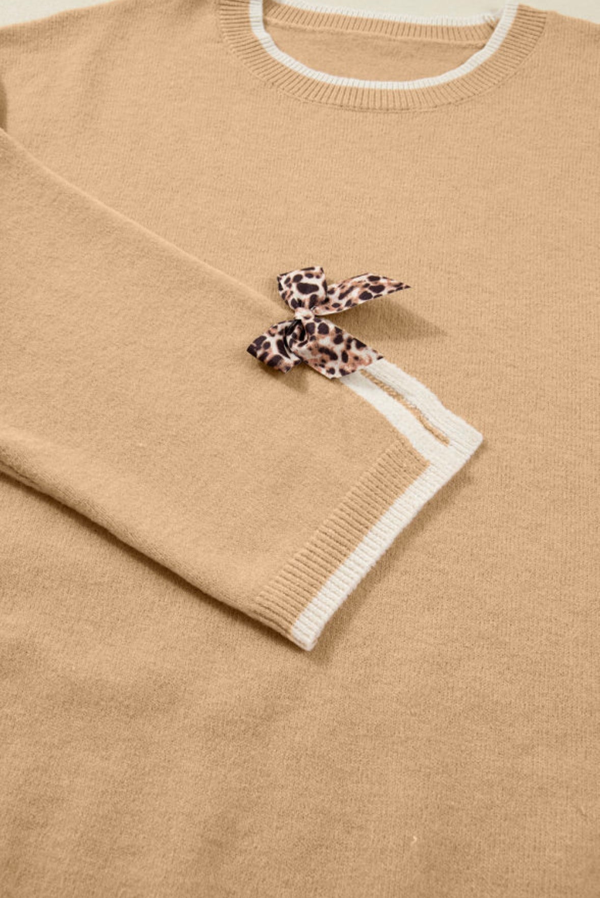 Leopard Bow Split Cuff Contrast Trim Sweater