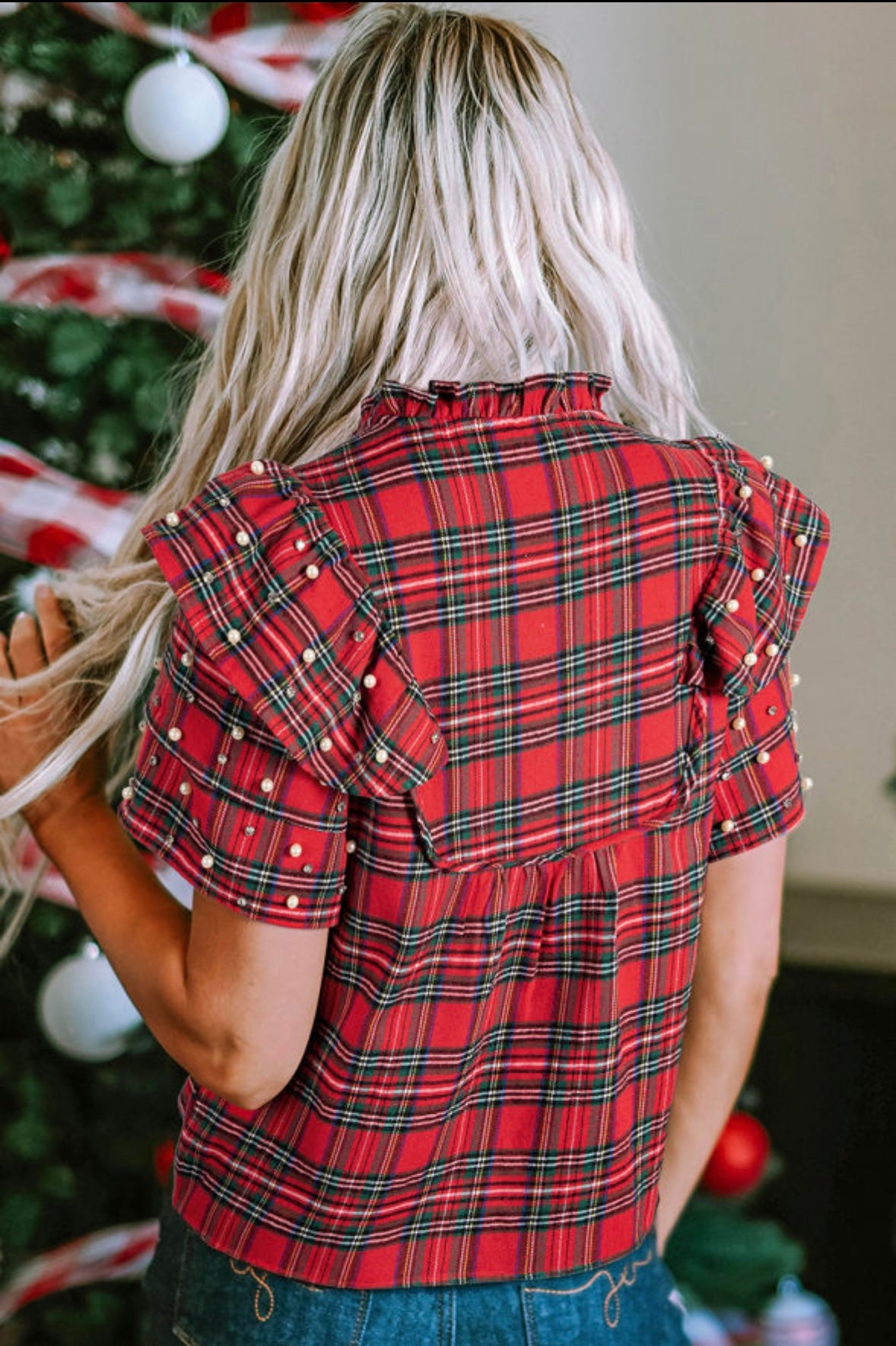 Plaid Pearl Embellished Ruffle Short Sleeve Blouse