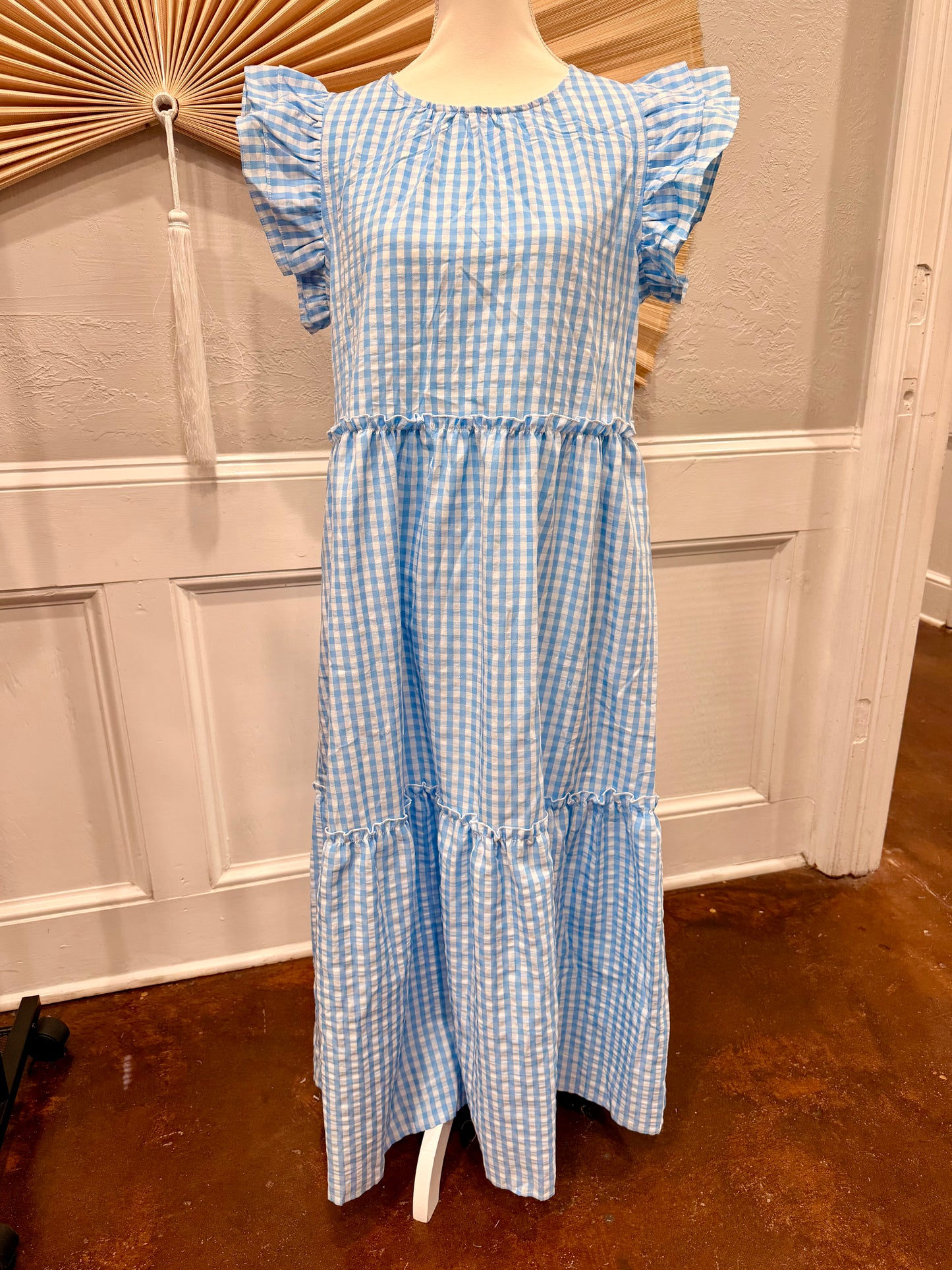 Knot Back Ruffle Short Sleeve Gingham Maxi Dress