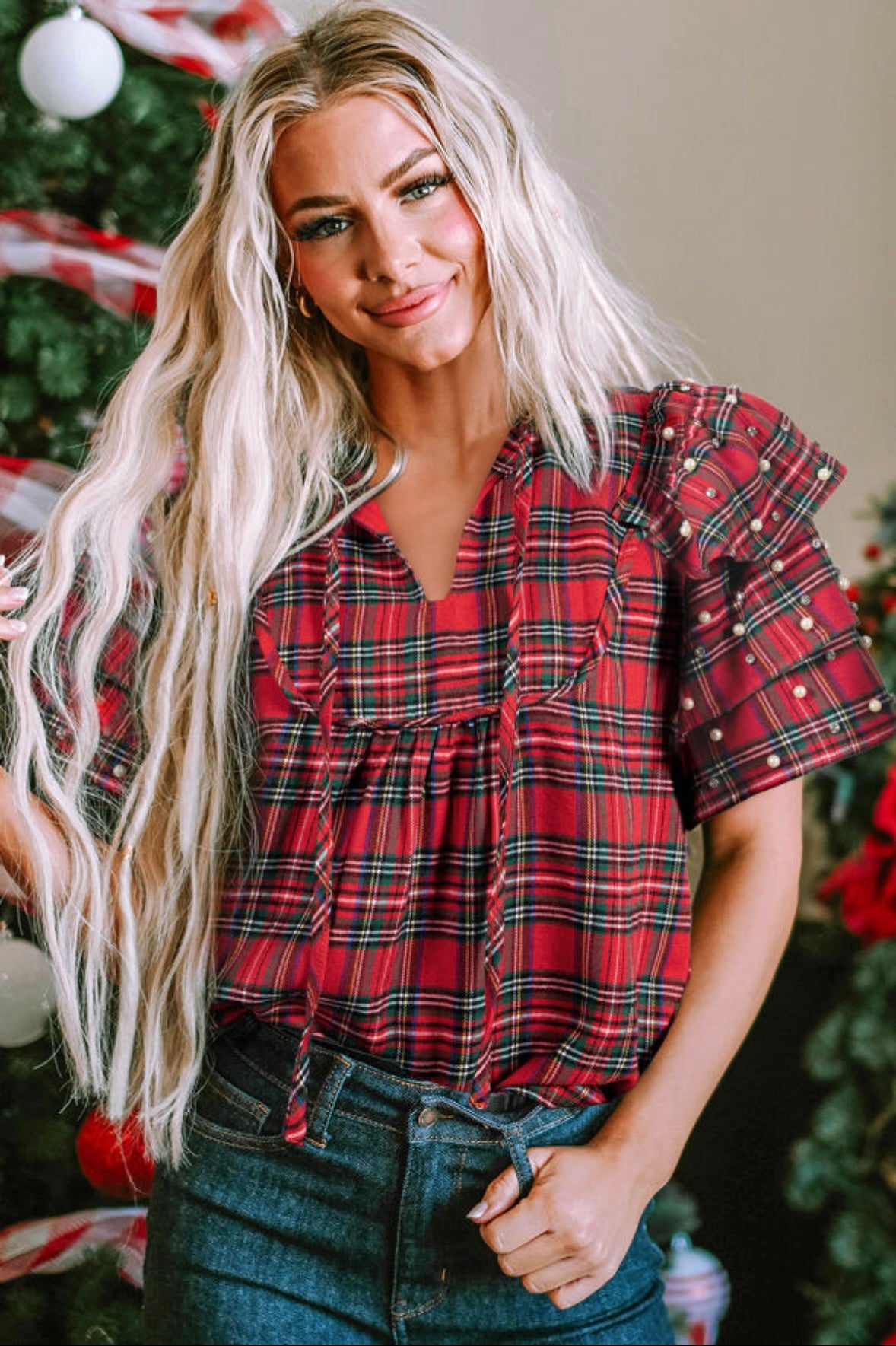 Plaid Pearl Embellished Ruffle Short Sleeve Blouse