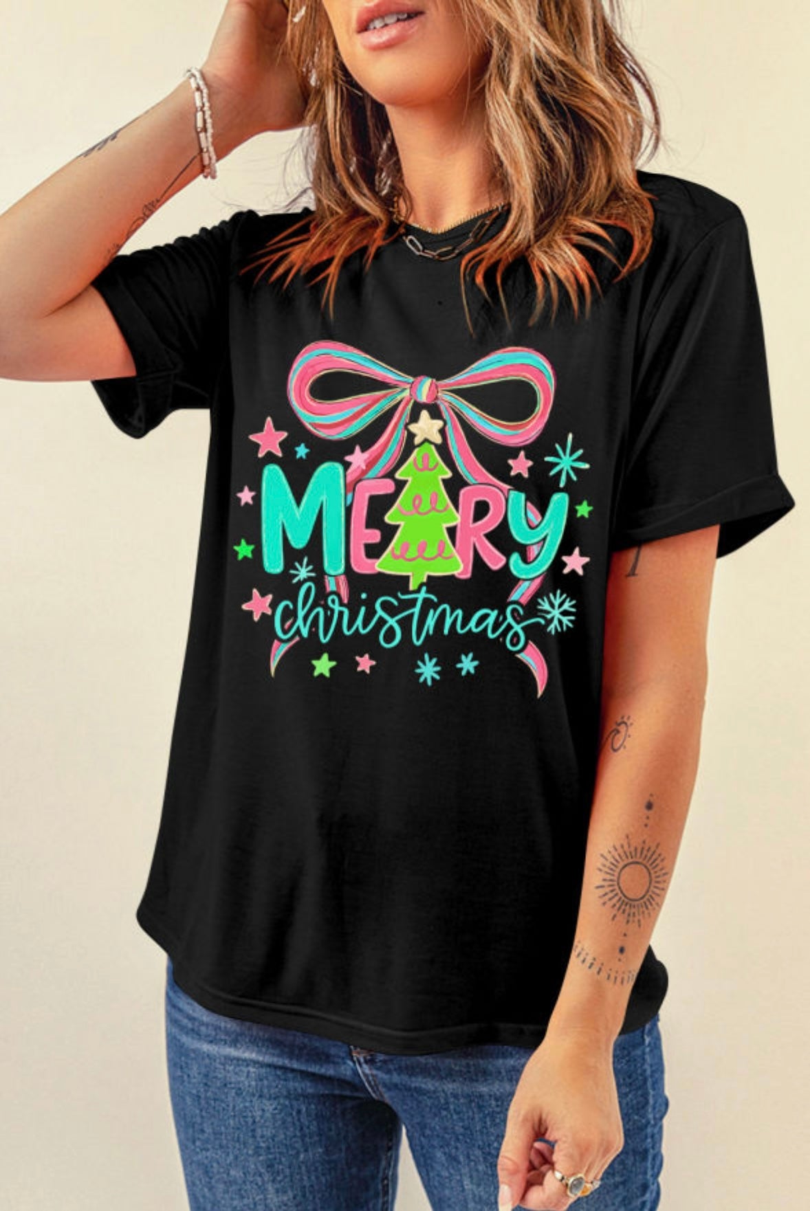 Merry Christmas Vibrant Bow Print T-Shirt