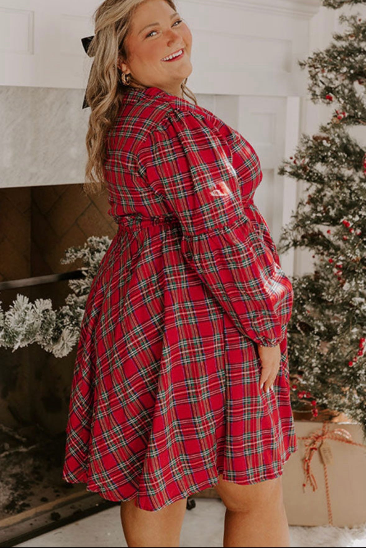 Plaid Half Button Long Sleeve Holiday Dress