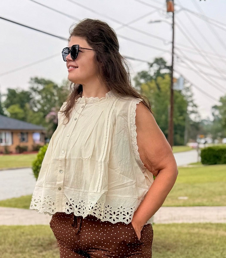 Button Up Front Pleated Sleeveless Blouse Top