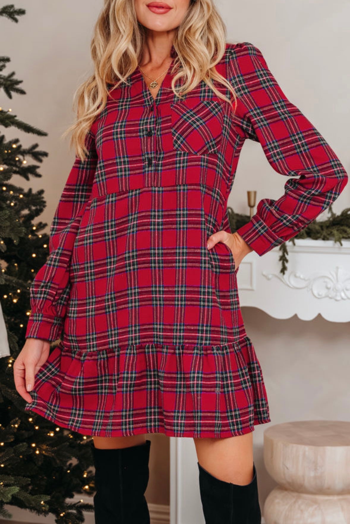 Plaid Shirt Collar Half Button Ruffle Hem Mini Dress