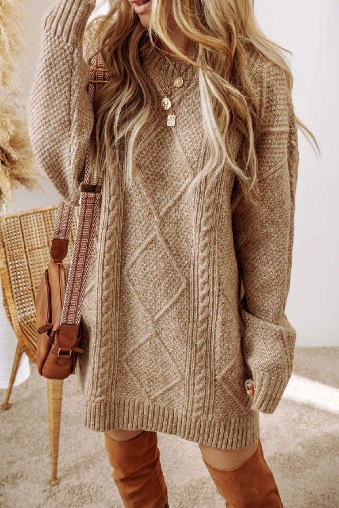Cable Knit Drop Shoulder Sweater Dress