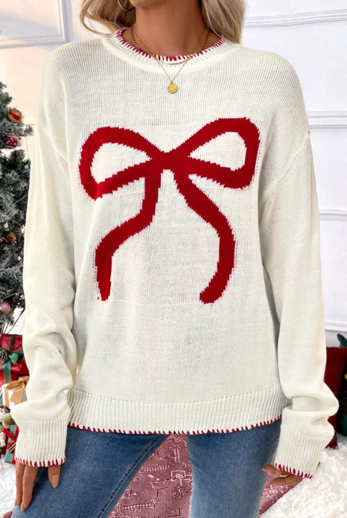 Bow Pattern Contrast Trim Sweater