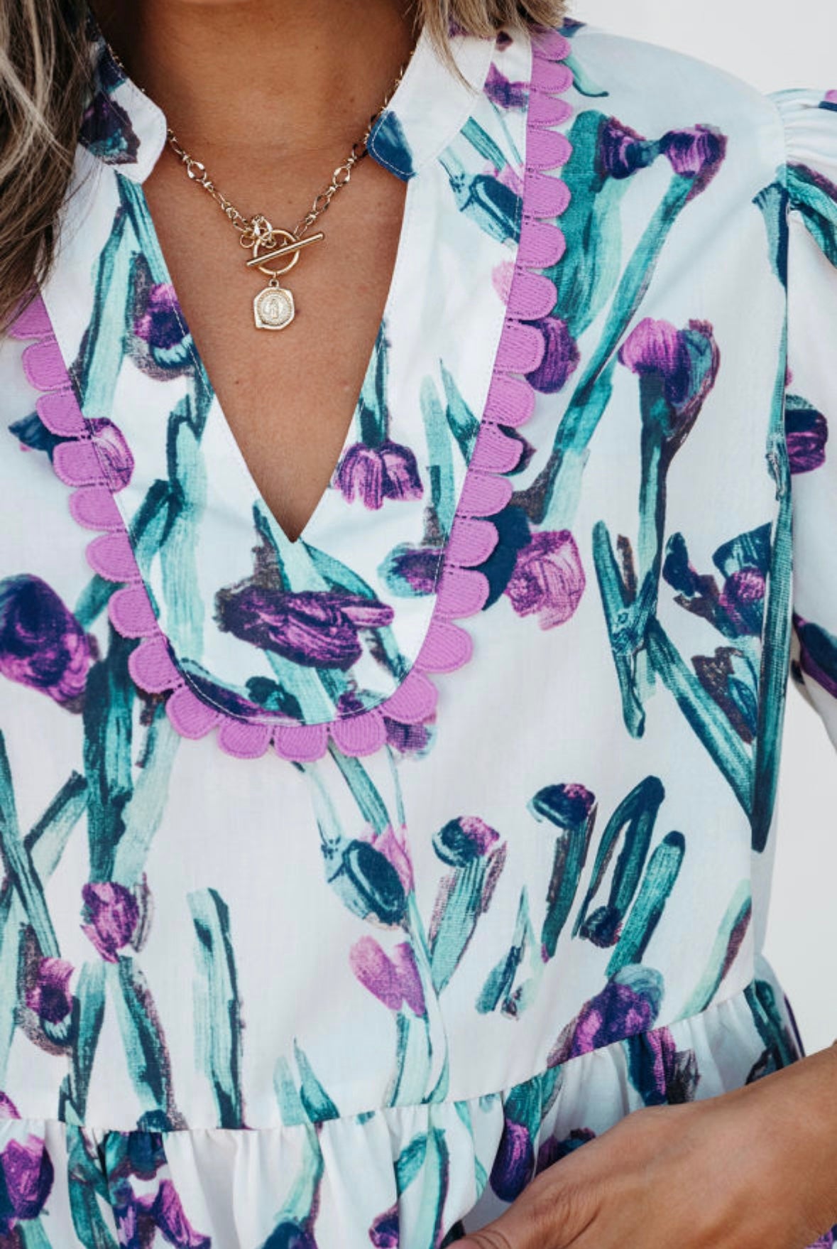 Floral Ricrac Trim Half Sleeve Peplum Top
