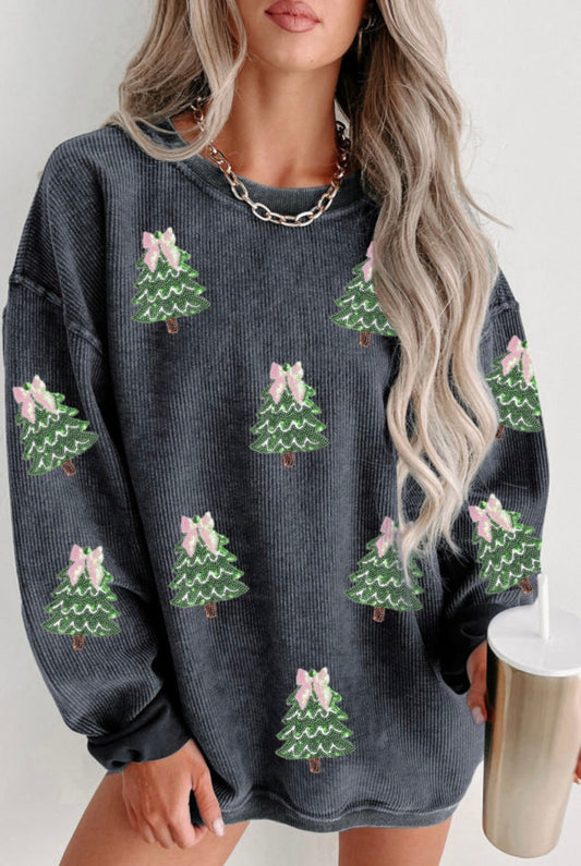 Ribbed Sequin Christmas Tree Patched Baggy Sweatshirt