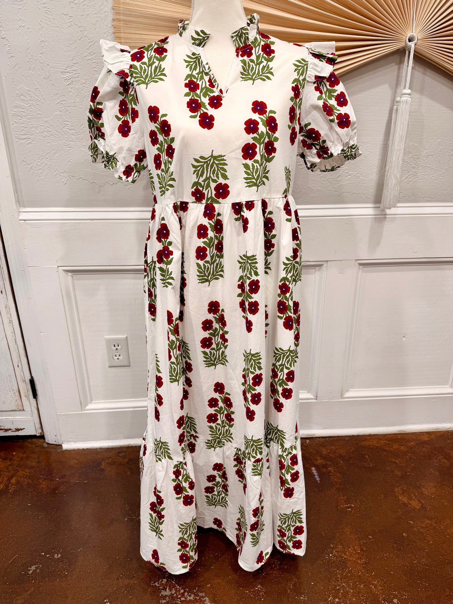 Floral Short Bubble Sleeve Tiered Maxi Dress