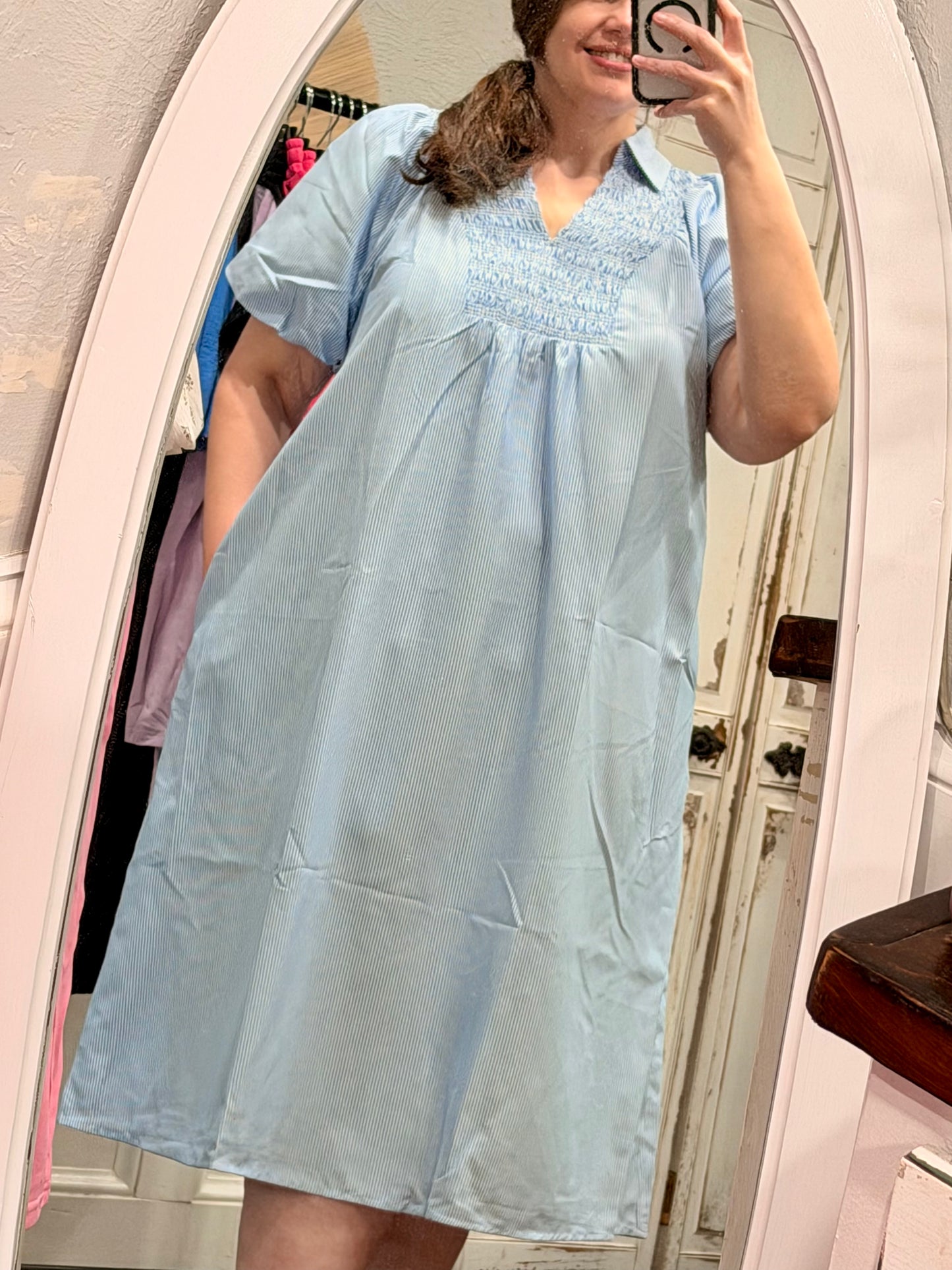 Stripe Shirred V-Neck Midi Dress