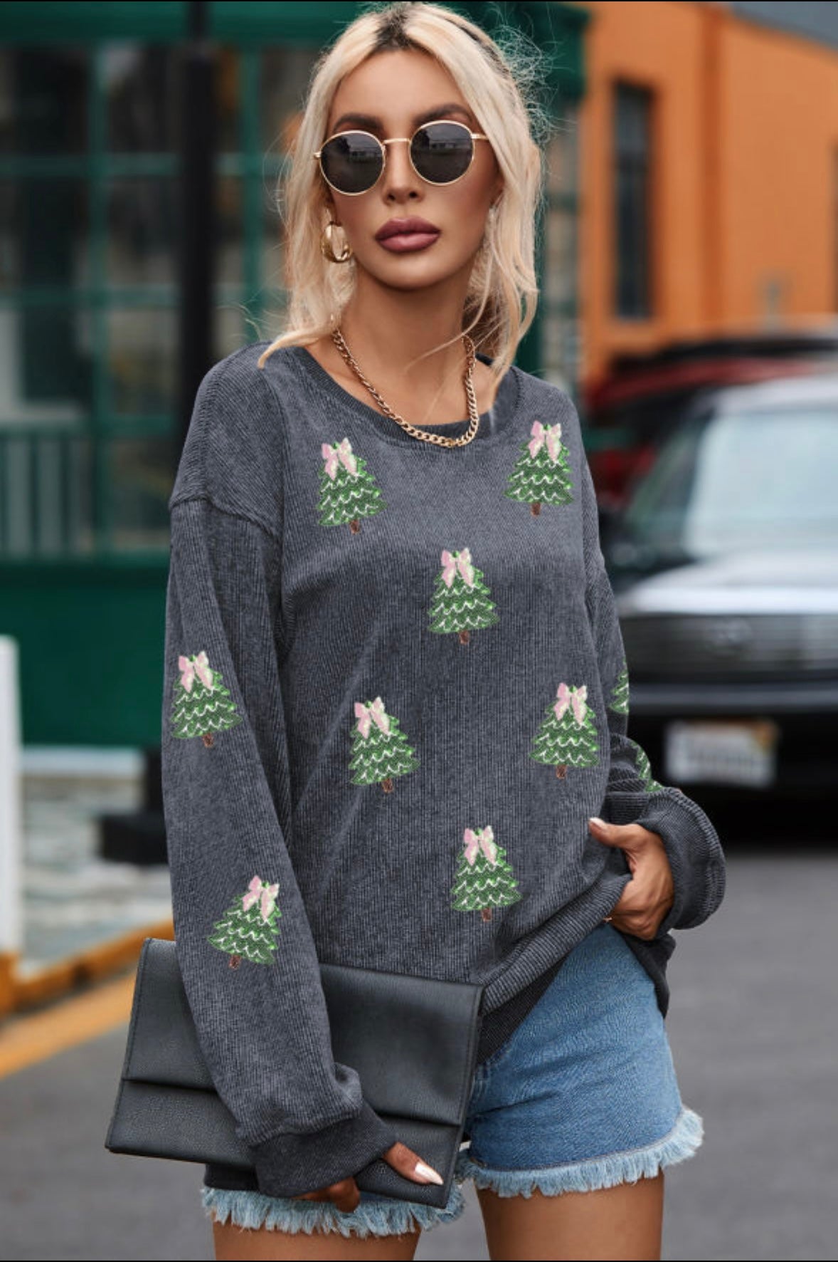 Ribbed Sequin Christmas Tree Patched Baggy Sweatshirt