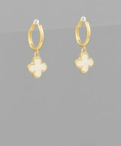 MOP Clover Charm Dangle Hoops