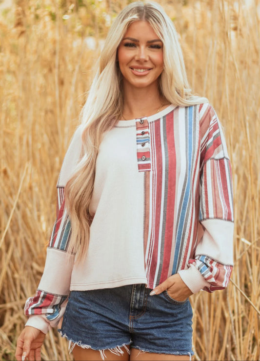 Striped Waffle Patchwork Raw Edge Knit Top