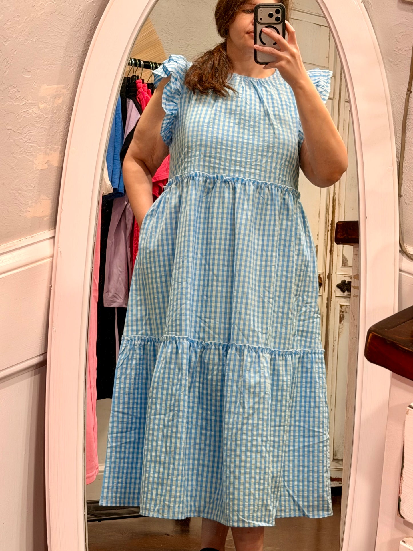 Knot Back Ruffle Short Sleeve Gingham Maxi Dress