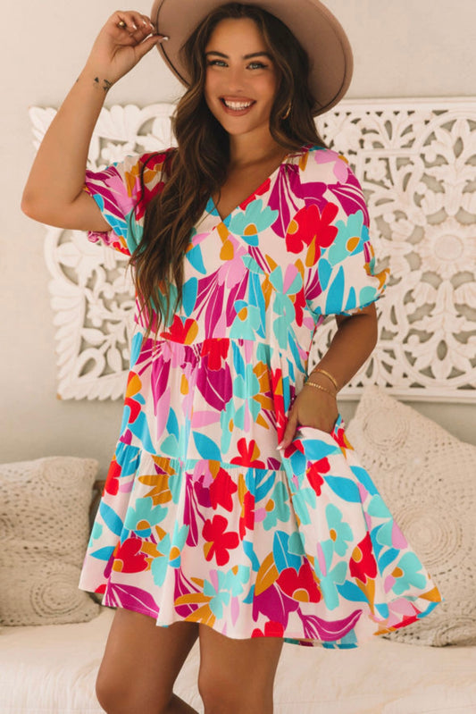 Floral Bubble Sleeve Tiered Babydoll Dress