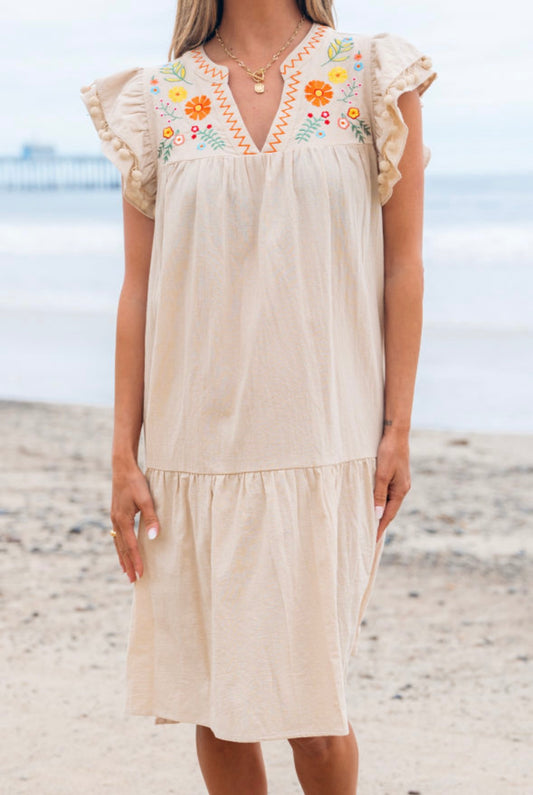 Linen Embroidery Pom Pom Sleeve Dress