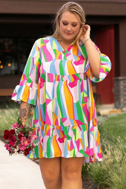 Vibrant Abstract Print Tiered Ruffle Mini Dress