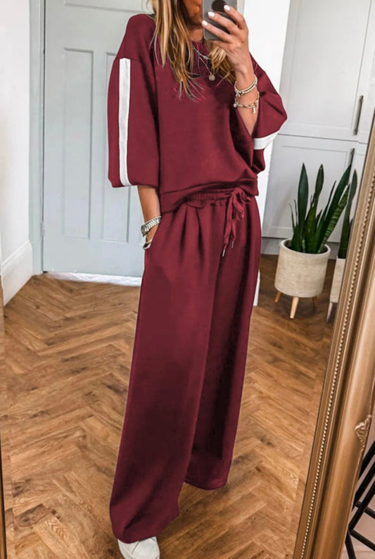 Varsity Striped 3/4 Sleeve Pullover Drawstring Sweatpants Set