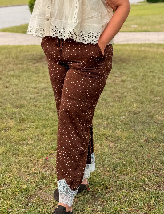 Satin Polka Dot Wide Leg Pull On Pants w/ Lace