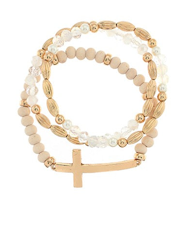 3 Row Cross Wood Bead Bracelet