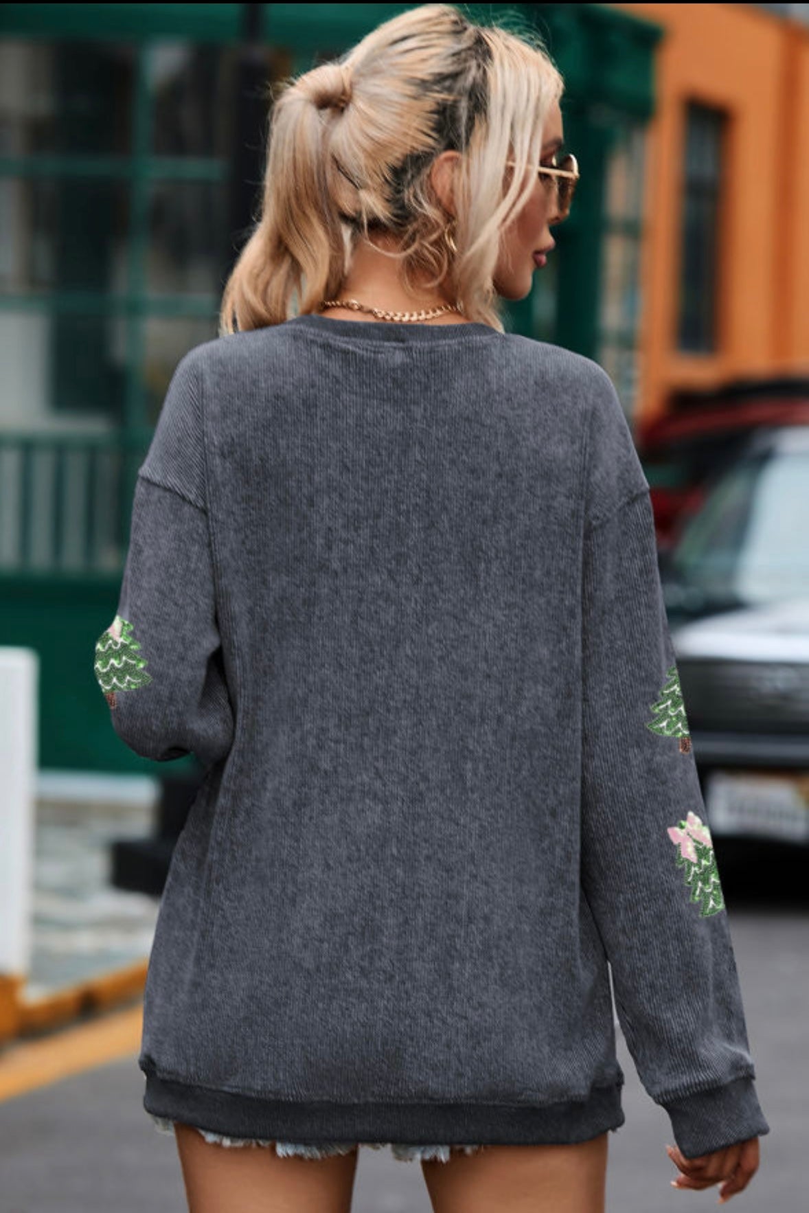 Ribbed Sequin Christmas Tree Patched Baggy Sweatshirt