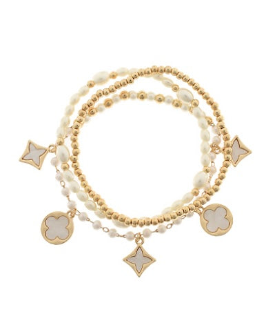 3 Row Clover Charm & Rice Pearl Bracelet