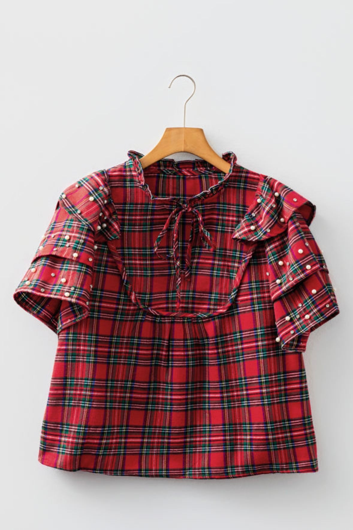 Plaid Pearl Embellished Ruffle Short Sleeve Blouse