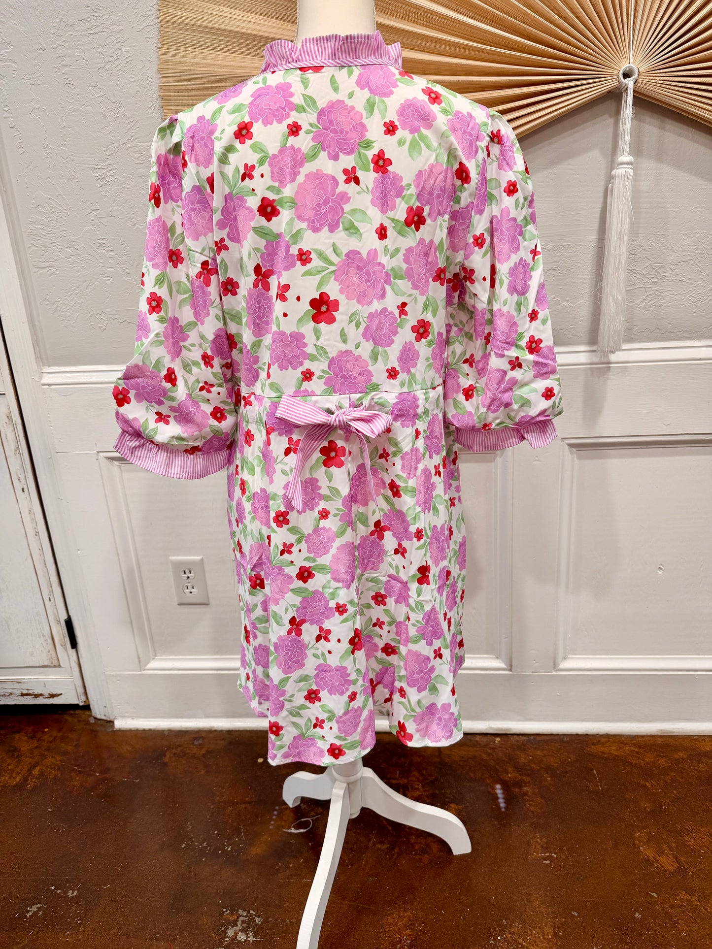 Floral Print Striped Trim Mini Dress