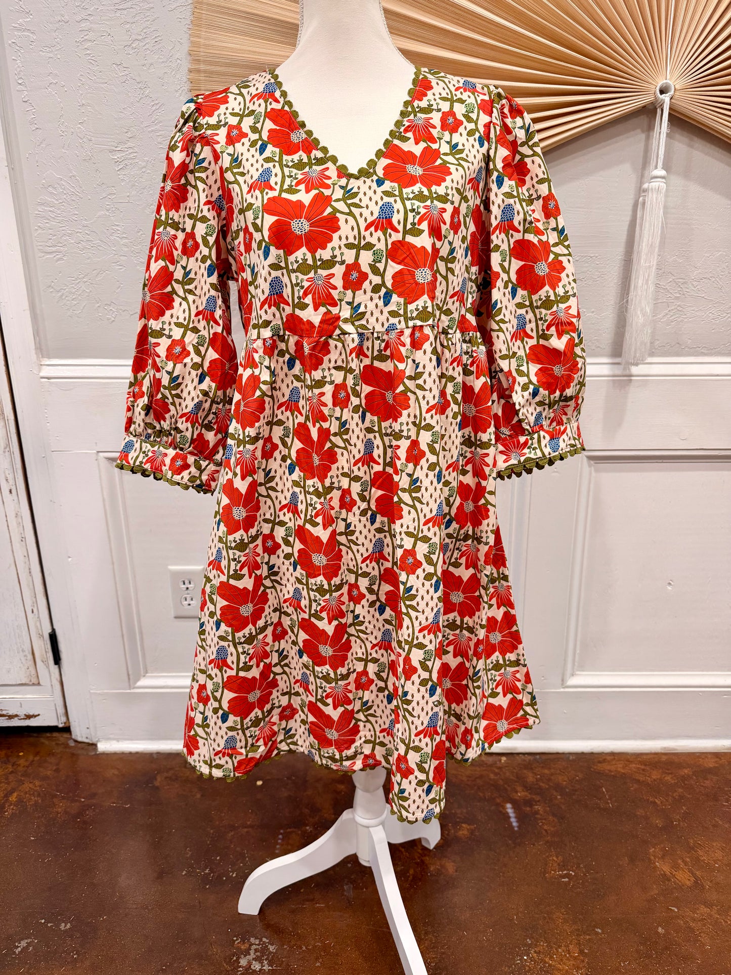 Floral Print Ricrac Trim Loose Mini Dress