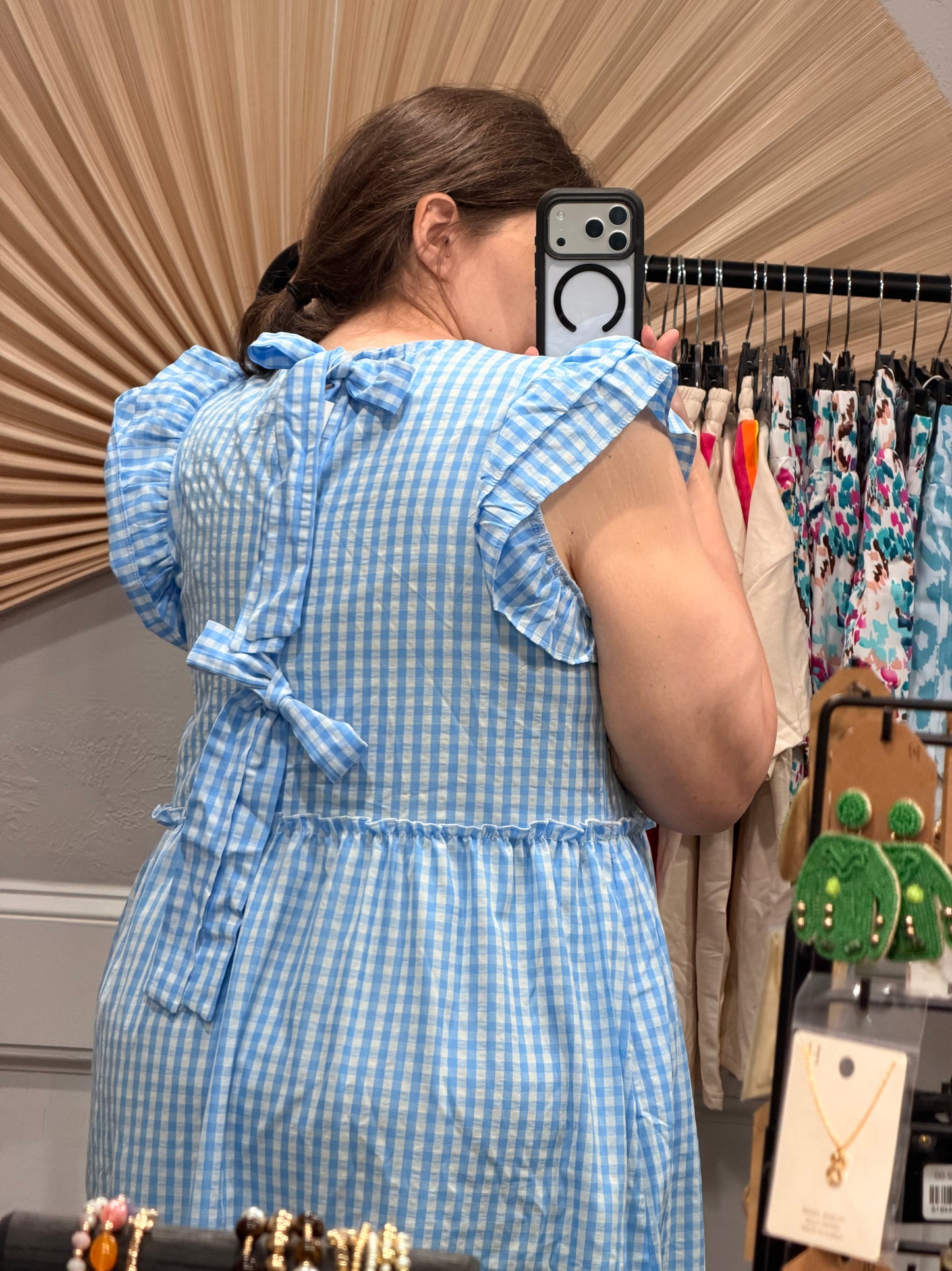 Knot Back Ruffle Short Sleeve Gingham Maxi Dress