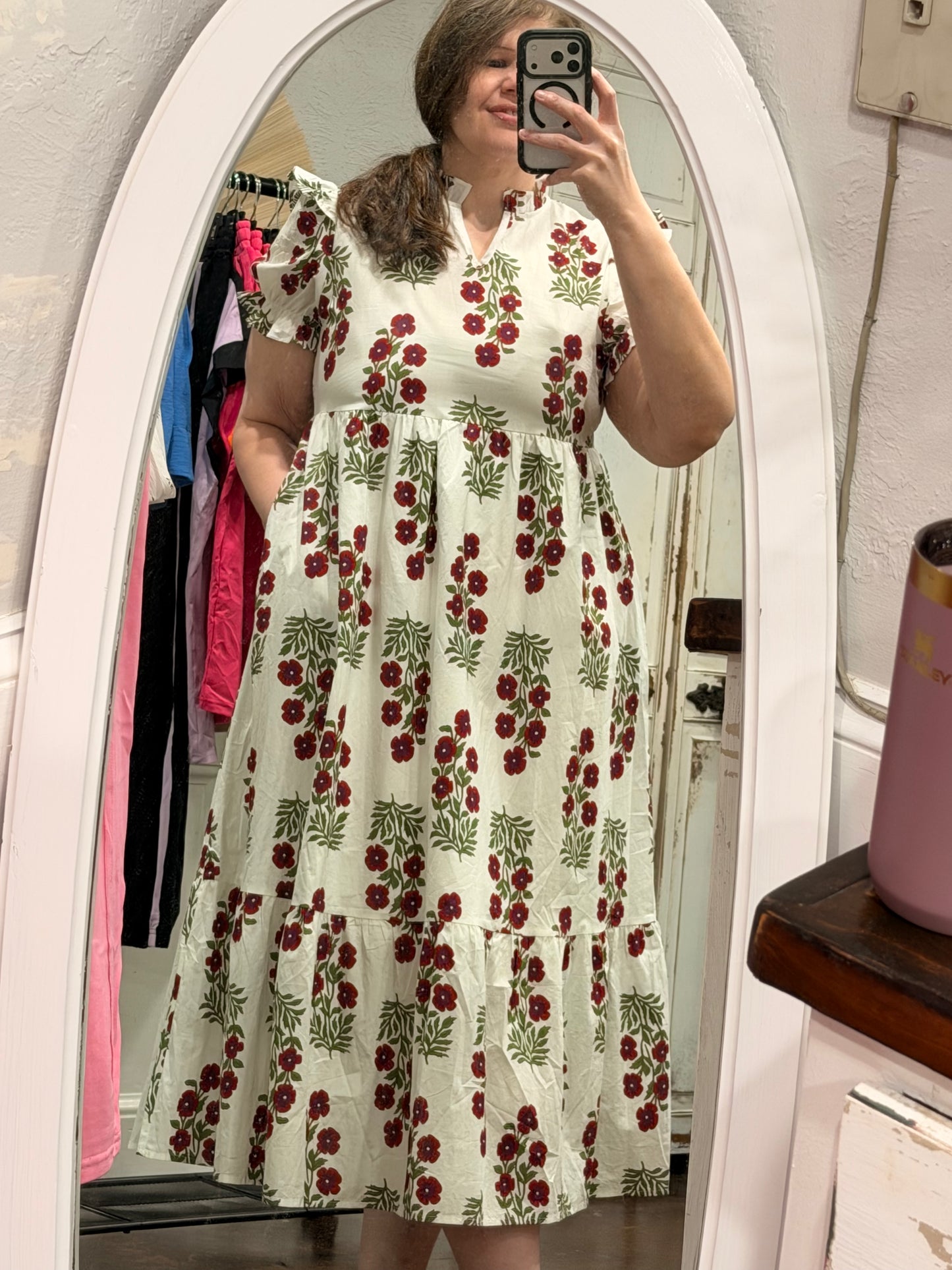 Floral Short Bubble Sleeve Tiered Maxi Dress