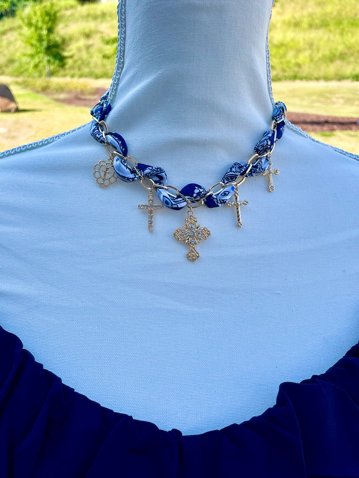 Multi Cross Charm Scarf Chain Necklace