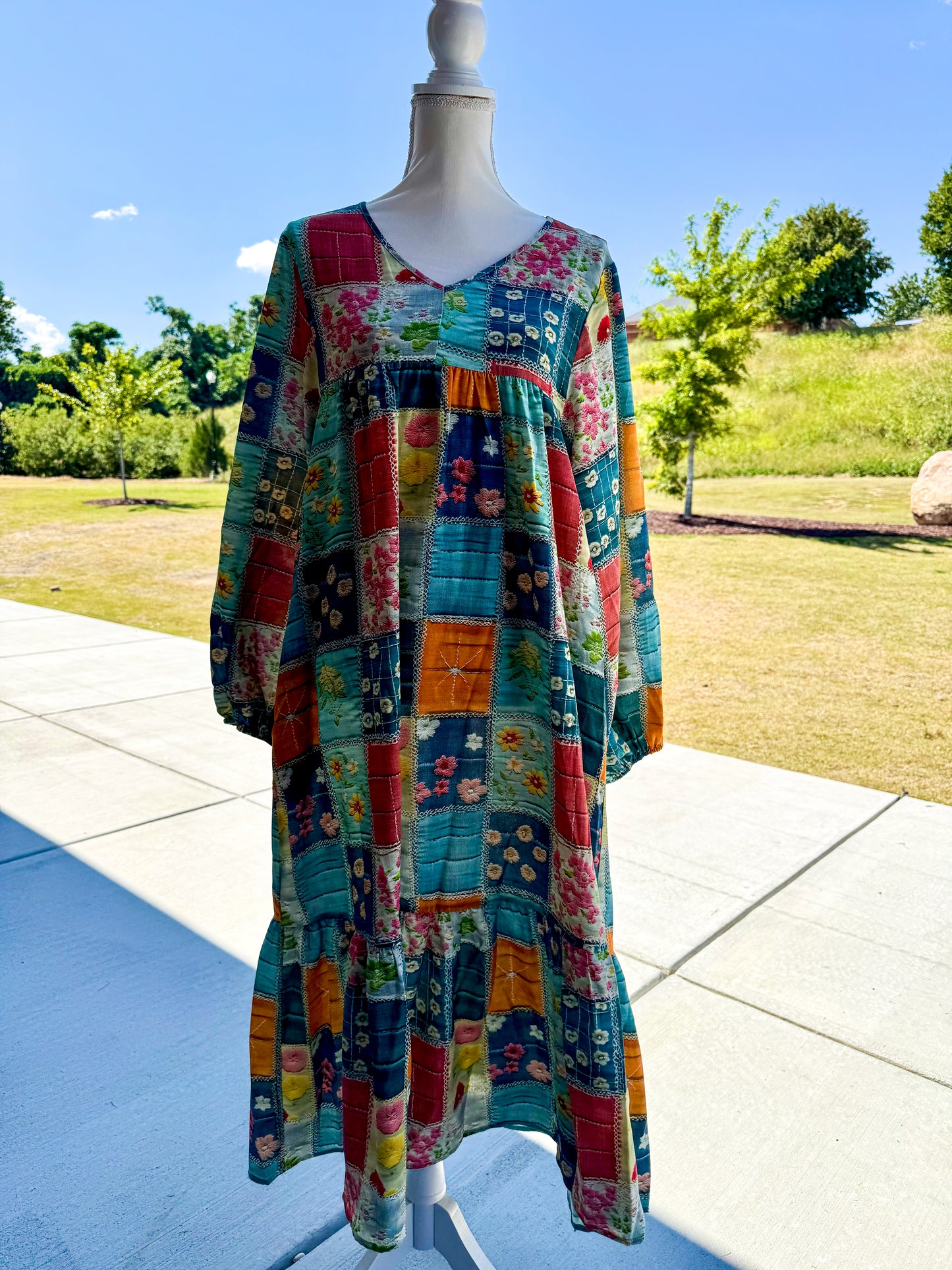 Mix Floral Patchwork Bubble Sleeve Ruffle Hem Dress