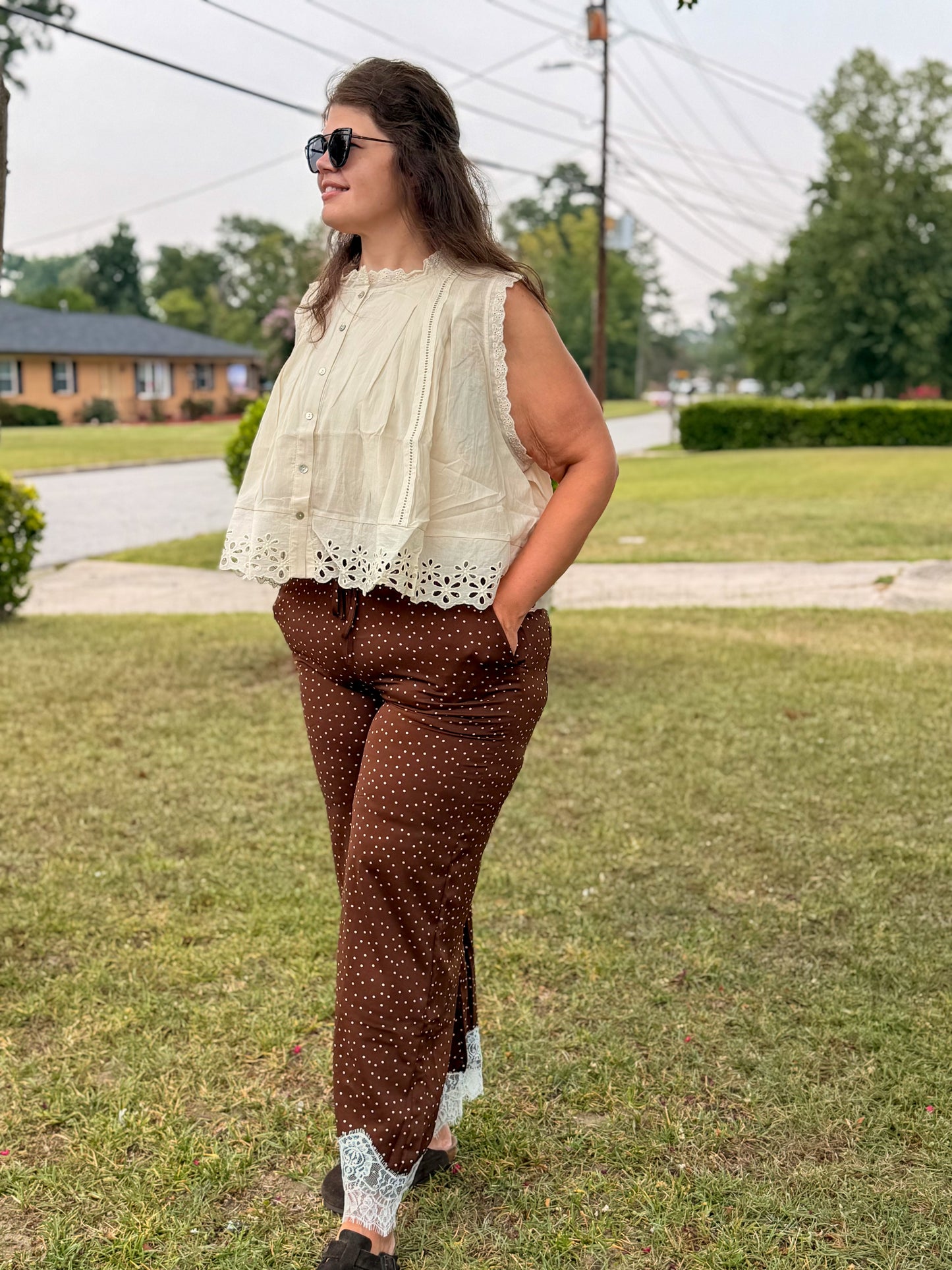 Satin Polka Dot Wide Leg Pull On Pants w/ Lace