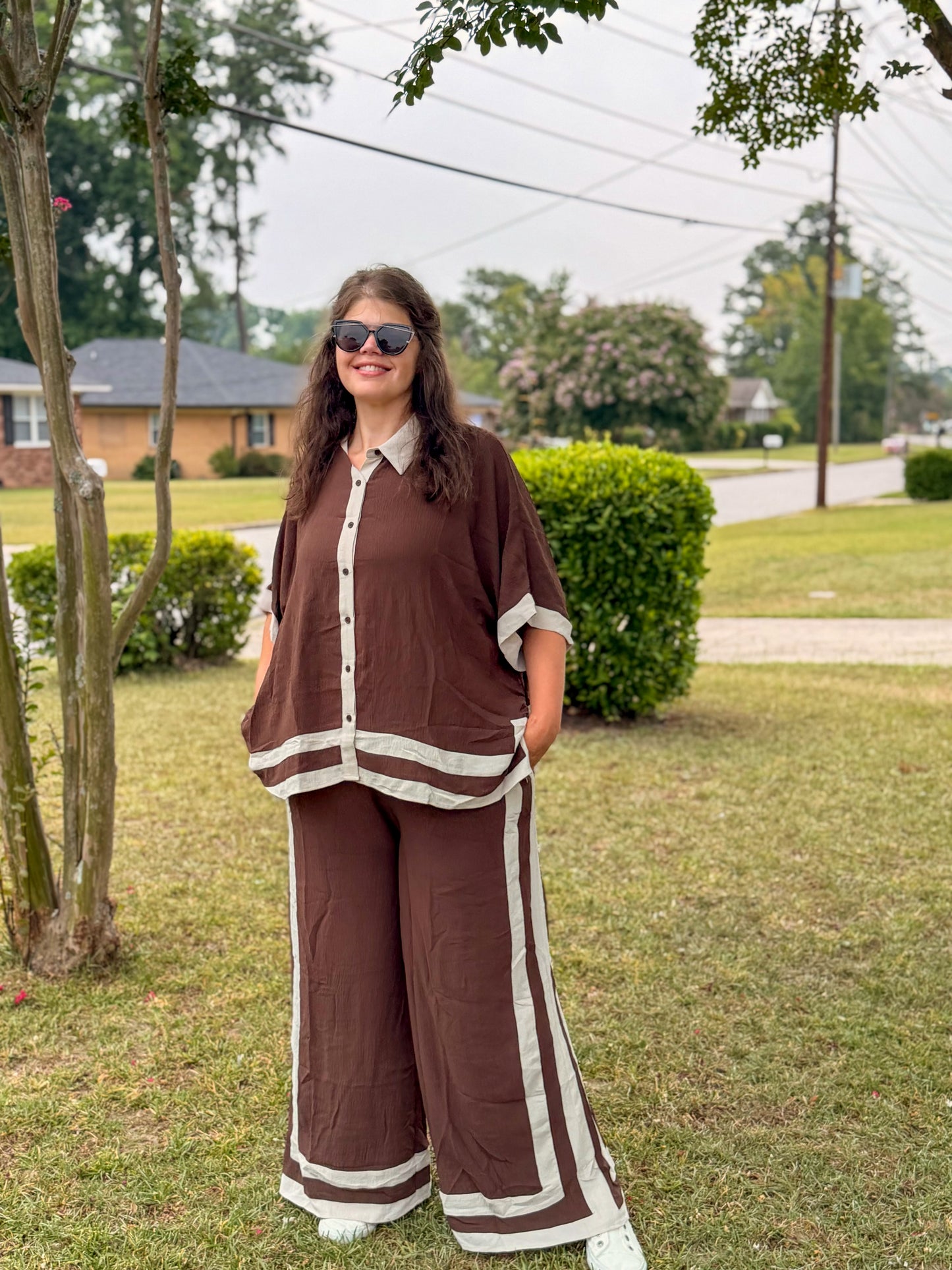 Contrast Trim Shirt With Matching Pants Set