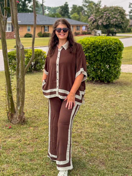Contrast Trim Shirt With Matching Pants Set