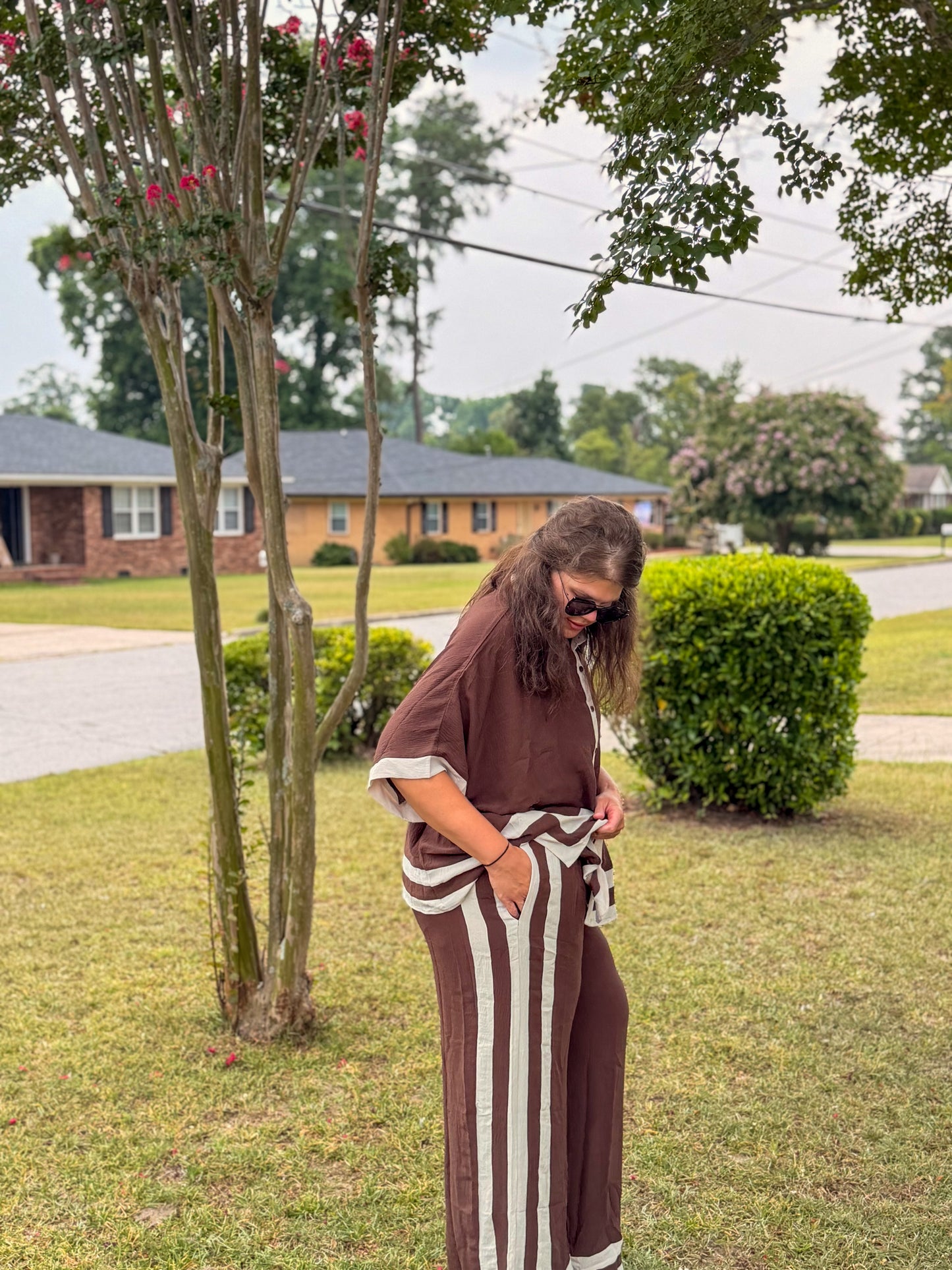 Contrast Trim Shirt With Matching Pants Set