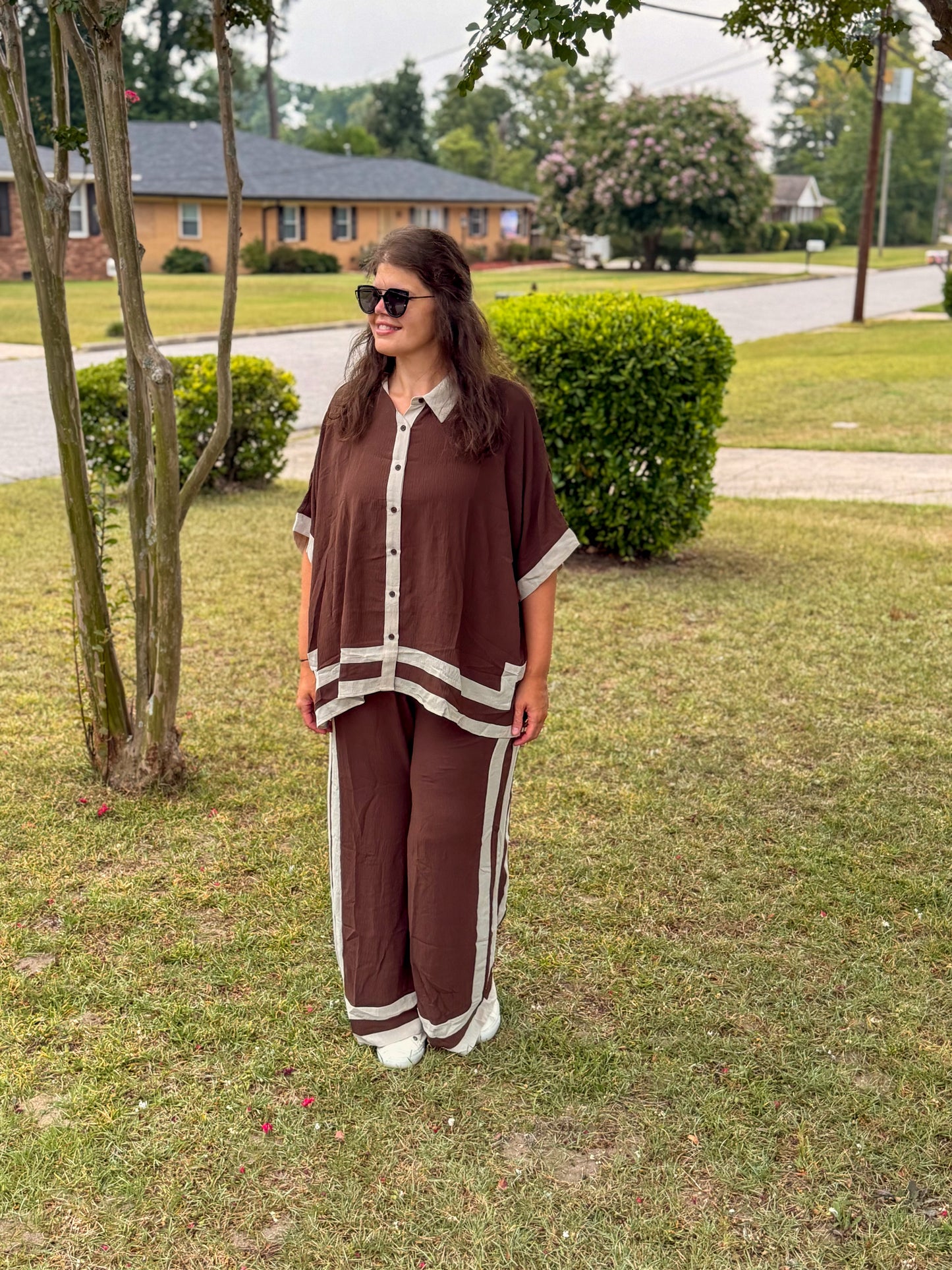 Contrast Trim Shirt With Matching Pants Set