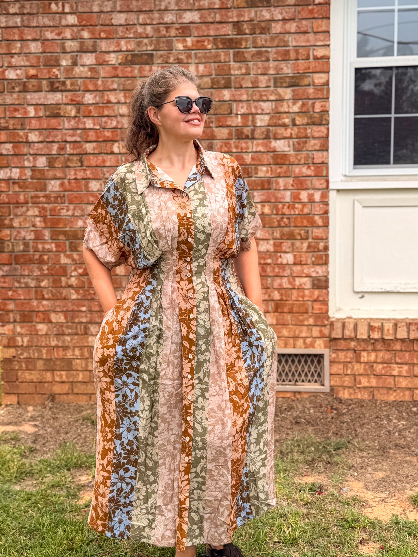Mixed Floral Print Button-Front Midi Dress