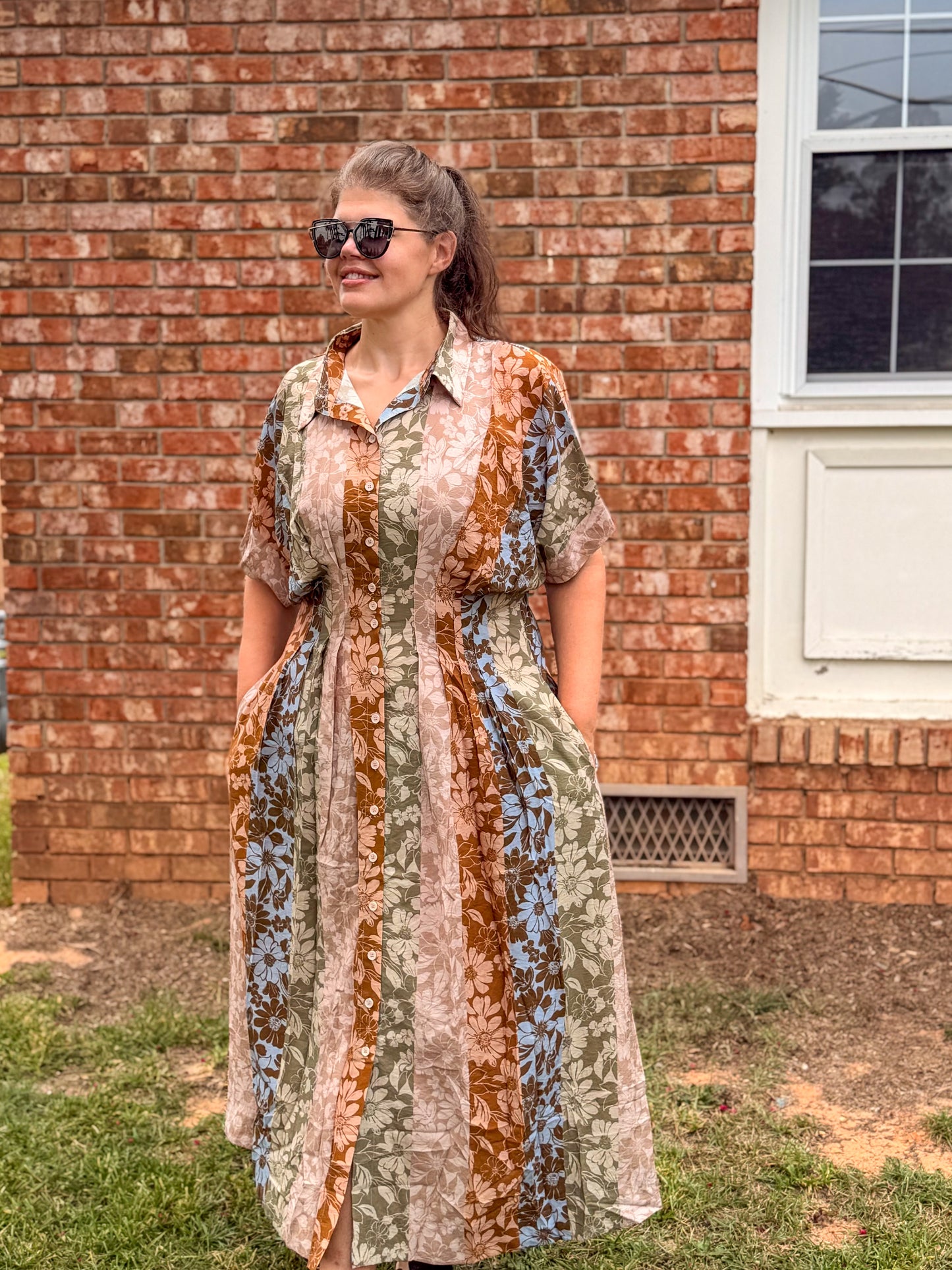 Mixed Floral Print Button-Front Midi Dress