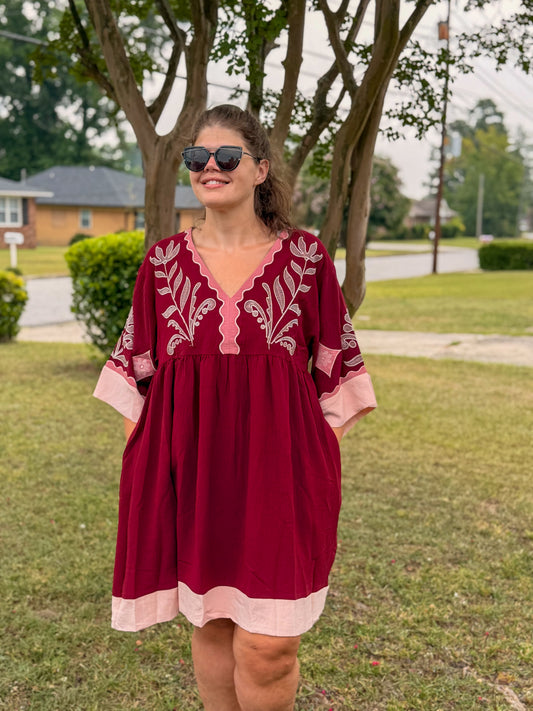 Embroidered Plunge V Neck Mini Dress